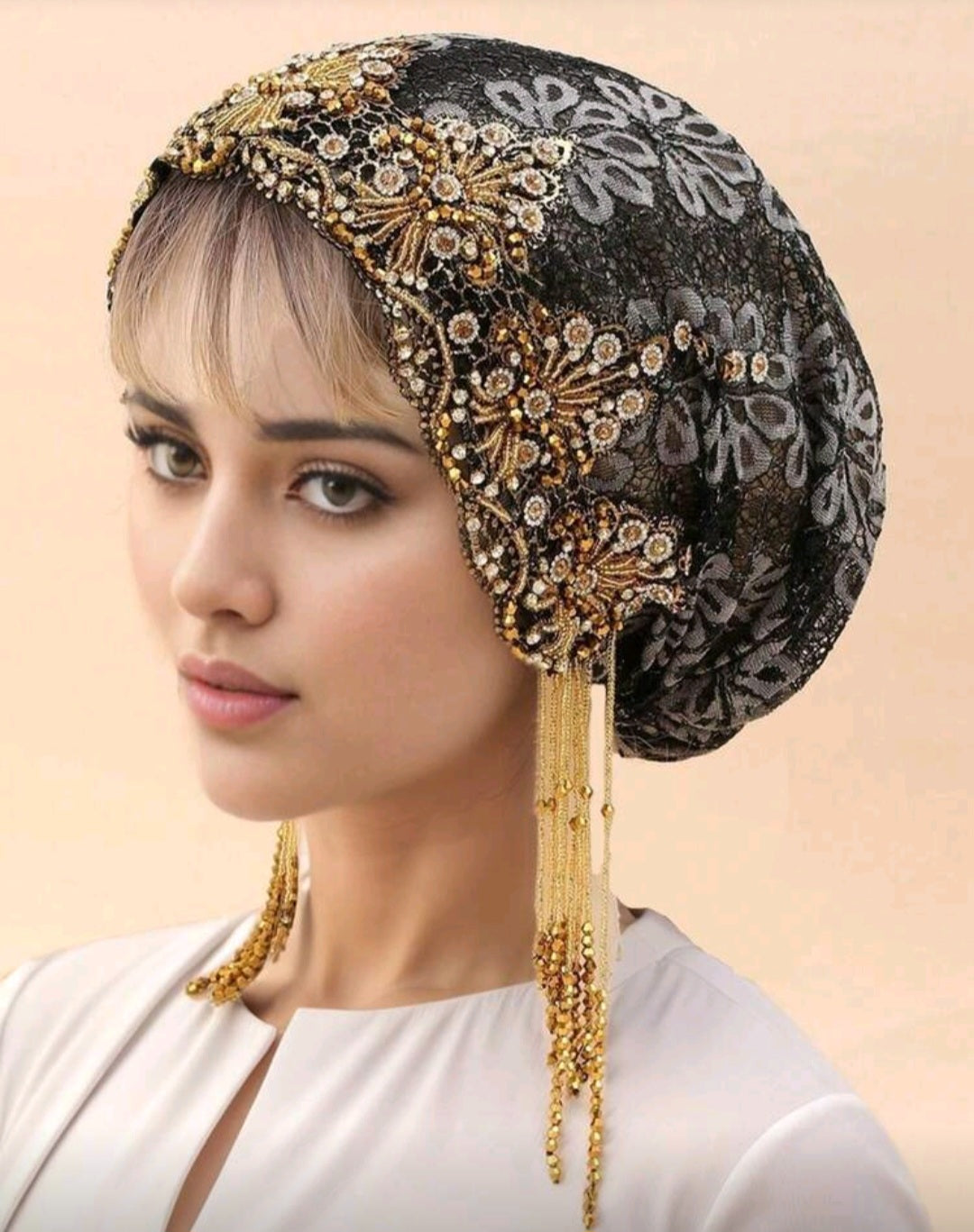 1pc Elegant Lace Beaded Muslim Head Wrap, Versatile For Daily Wear, Party & Gathering