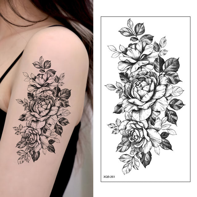 Temporary Tattoos – Black Peony Leaves, Geometric Snake, Pink Lion Flower Design for Women and Men – Fake Sticker Tattoos for Arm and Waist
