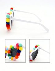 Trends2pcs Colorful Plush Ball Glasses And Earrings Set, Cute Heart-Shaped, Unique And Novel, Party And Dance Eyeglasses, Fun Eyeglasses Boho