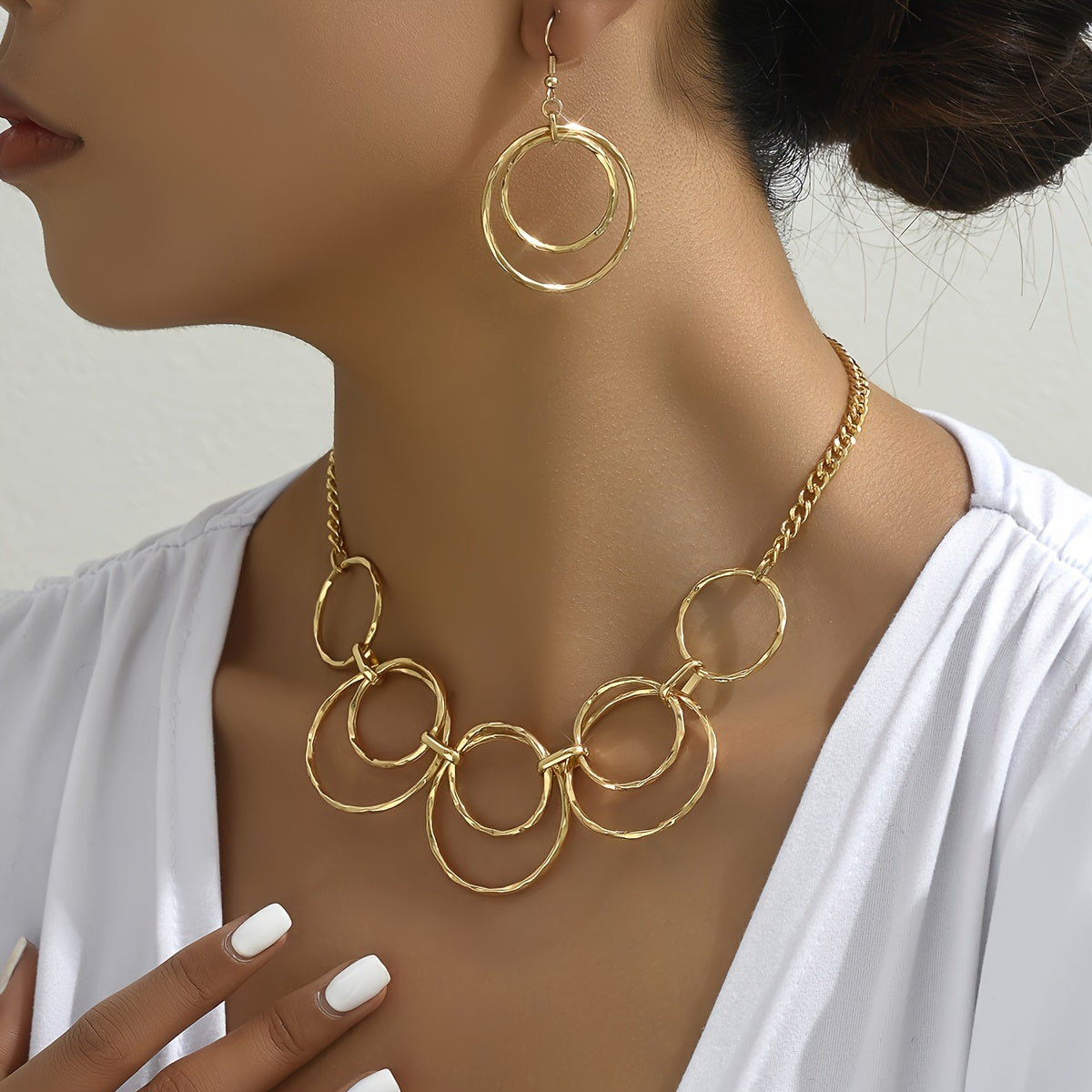 Gold Double-Loop Necklace Set for Women Loop Chain Link Choker Necklace and Dangle Loop Earrings Statement Jewelry Set