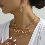 Gold Double-Loop Necklace Set for Women Loop Chain Link Choker Necklace and Dangle Loop Earrings Statement Jewelry Set