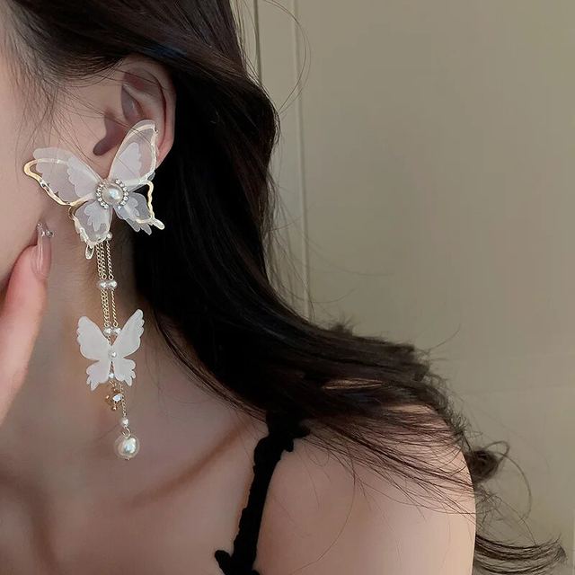 White Butterfly Dangle Earrings with Long Tassels – Chic & Elegant Style