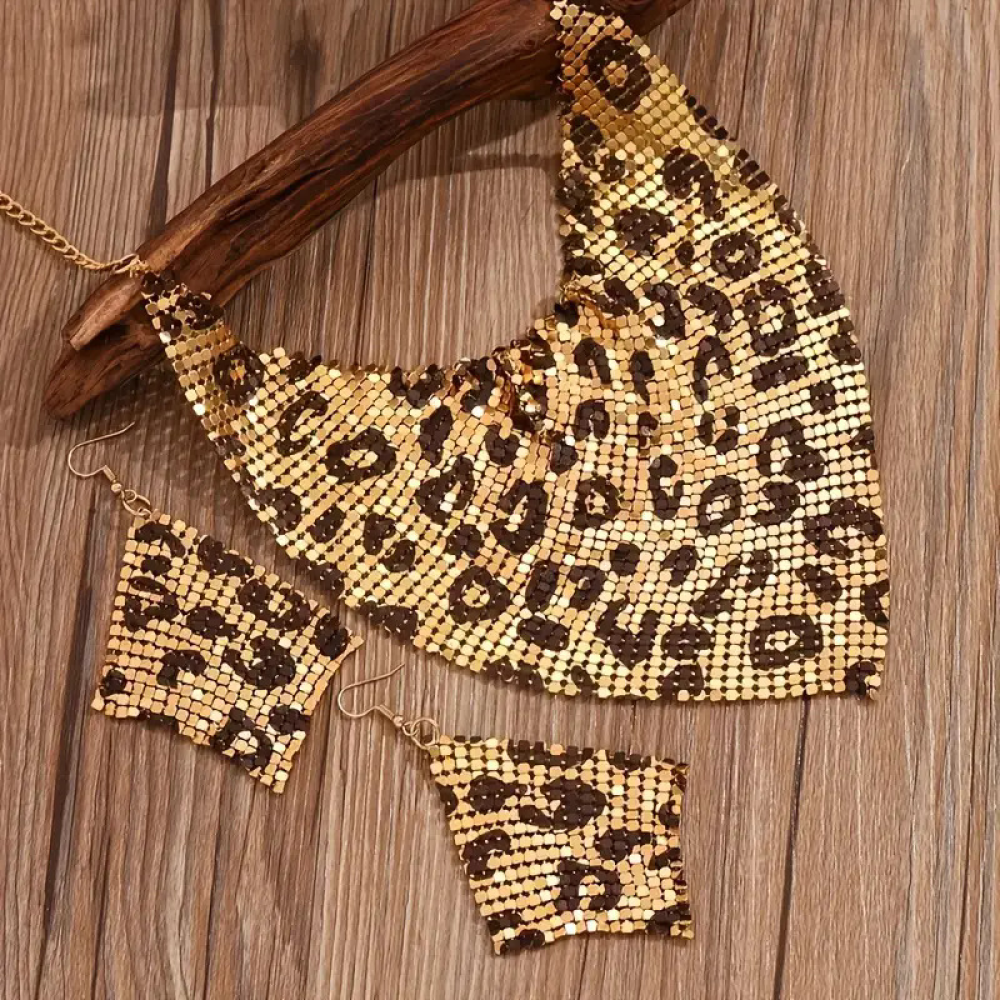 Leopard sequin print jewelry set for women, featuring a triangular scarf-style necklace and statement earrings with an exaggerated clavicle chain design