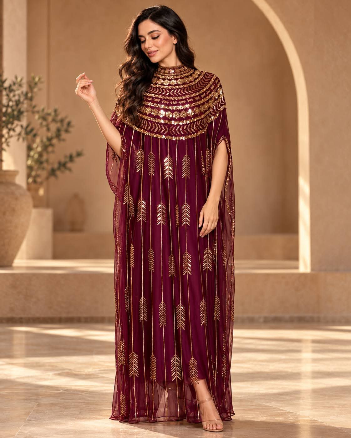 Black & Gold Embellished Cape Maxi Dress