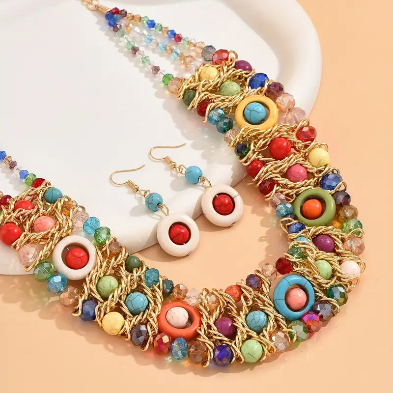 1pc Luxury Bohemian Style Necklace Set With Imitation Crystal Wave Beads & Coffee Color Aluminum Chain, Suitable For Women Wedding, Party, Beach, Holiday