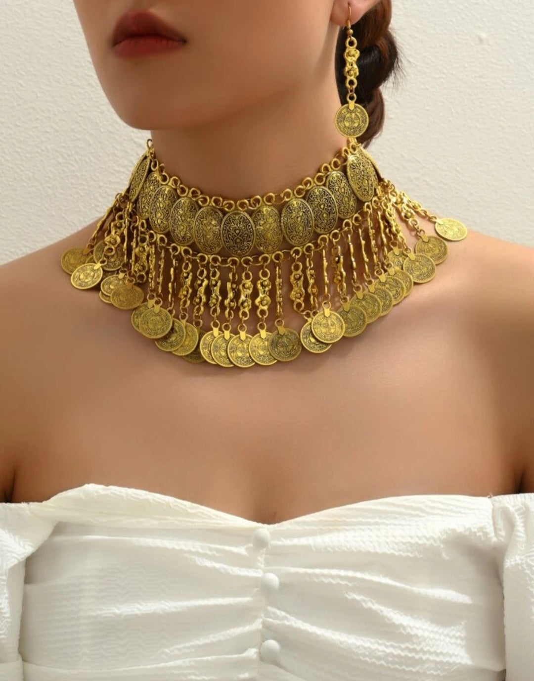 1 Stylish Retro Multi-Pendant Coin Necklace For Women 1 Pair Of Retro Coin Earrings