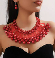 1 Set of Two-Layer Imitation Pearl Jewelry, Blue Necklace and Earrings Set for Party"