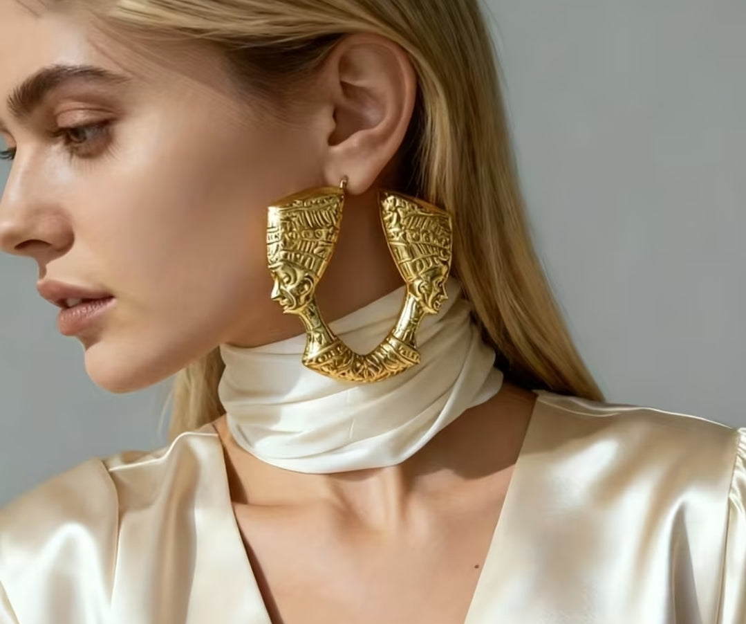 Golden Pharaoh Face Statement Earrings