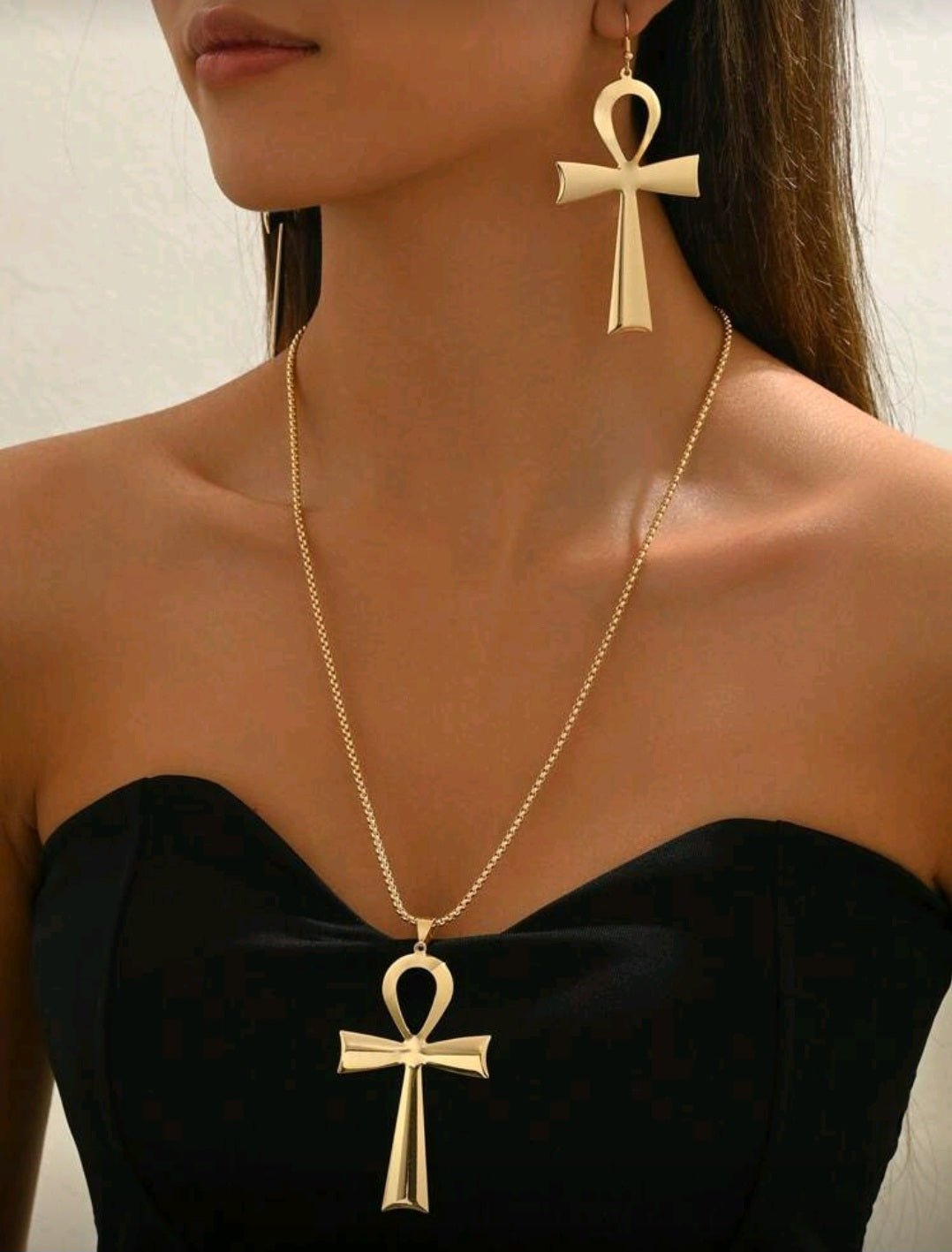 1 Set Fashion Minimalist Creative Ancient Egypt Ankh Cross Pendant Necklace & Earrings, Suitable For Women's Daily Wear