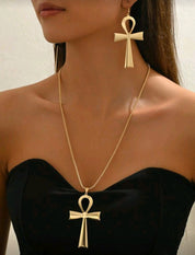 1 Set Fashion Minimalist Creative Ancient Egypt Ankh Cross Pendant Necklace & Earrings, Suitable For Women's Daily Wear