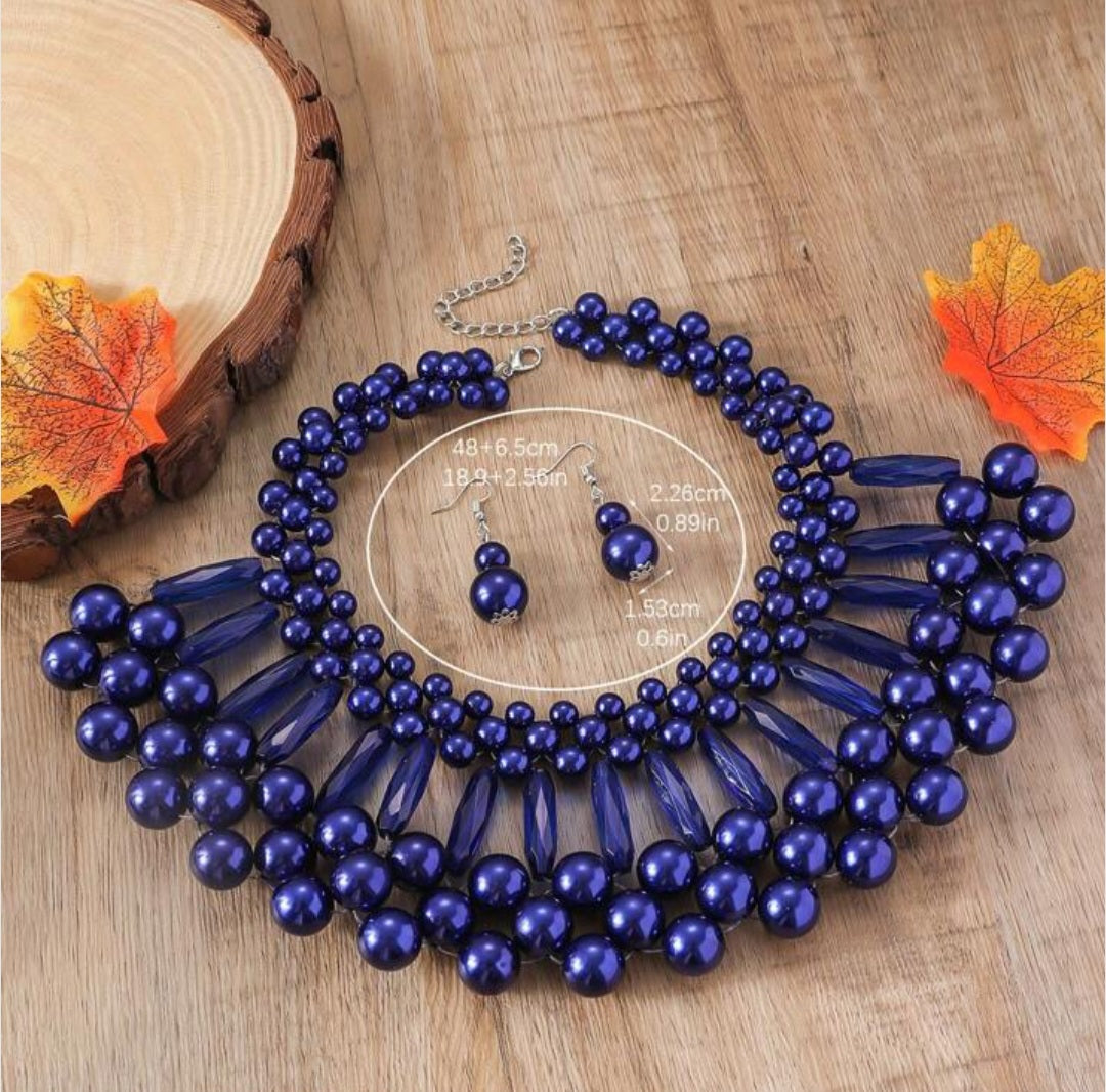 1 Set of Two-Layer Imitation Pearl Jewelry, Blue Necklace and Earrings Set for Party"