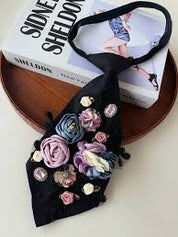 Black Rhinestone Embroidered Women’s Short Tie – Vintage Sparkle Elegance