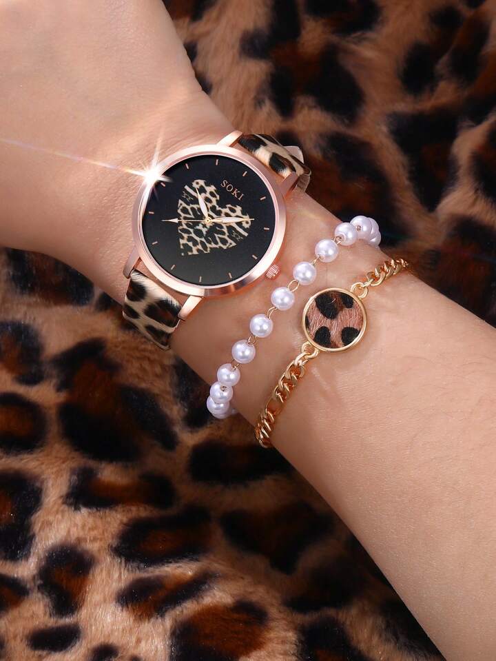 SOKI Women's 3-Piece Watch Set, Women's Quartz Watch with Leopard Print PU Strap and Love Dial, Personalized Fashion Necklace and Bracelet Set, Perfect Gift for Women (Without Box)