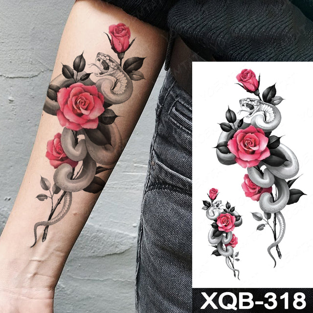 Tattoo Sticker, 1pc Flower & Snake Pattern Disposable Tattoo for Women, Rose Flower Adult Tattoo Decals, Realistic Fake Tattoo for Women and Girls