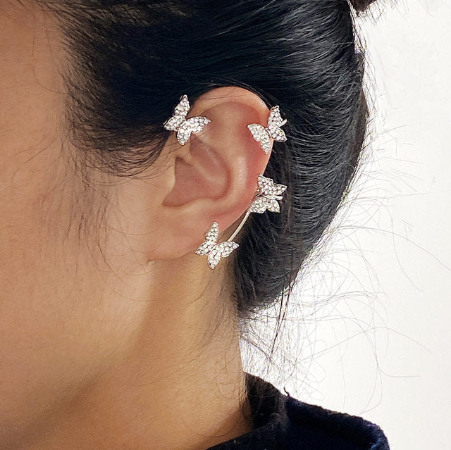 Single Butterfly Ear Cuff with Rhinestone Inlay, Korean Style Design, No Piercing, Elegant Ear Accessory for Women