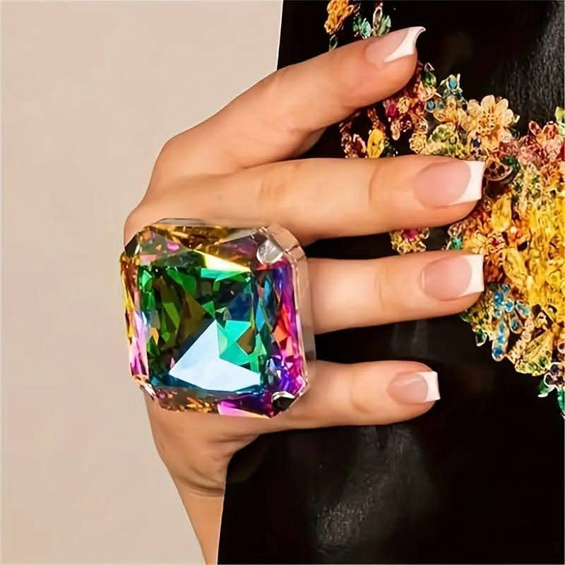 Large Square Yellow Crystal Ring for Women, Statement Finger Jewelry, Champagne Color, Fashion Statement, Gift