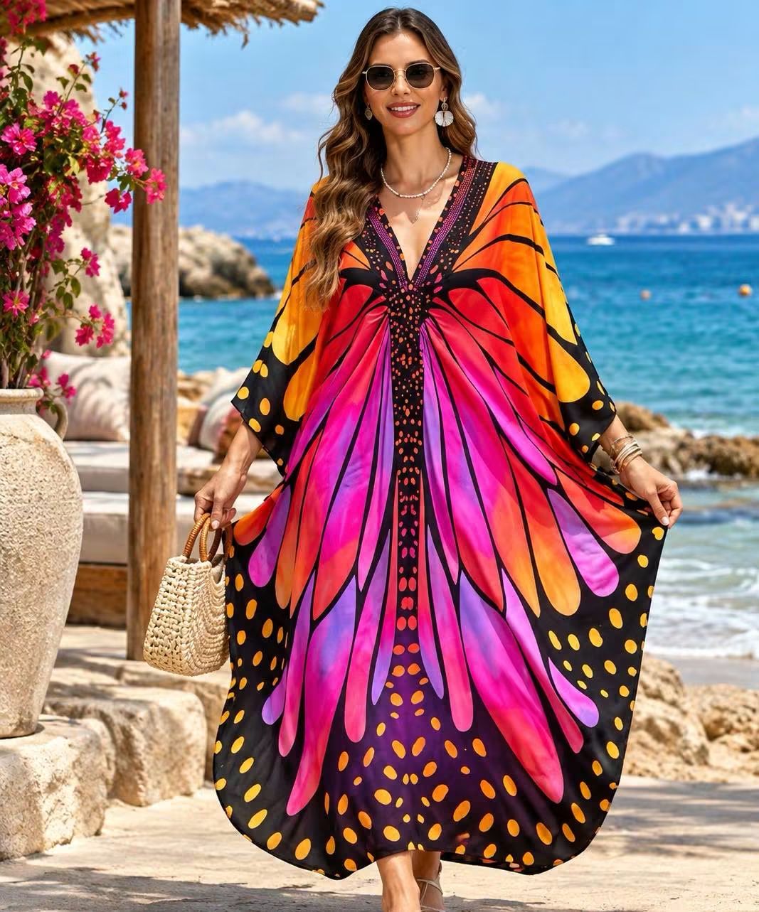 Butterfly Print Boho Maxi Kaftan Dress