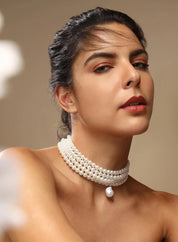 Daimay Multi-Layer Pearl Necklace - Multi-Strand Statement Bridal Choker for Wedding Party - 20s Flapper Style - Round L Size