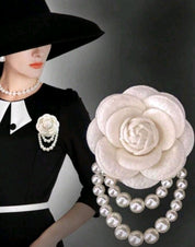 1pc Elegant Women's Camellia Flower Faux Pearl Tassel Brooch Pin For Shirt Collar Clothing Accessory, Party And Wedding Gift Valentines,Mom,Mother,Mother's Day,Gift