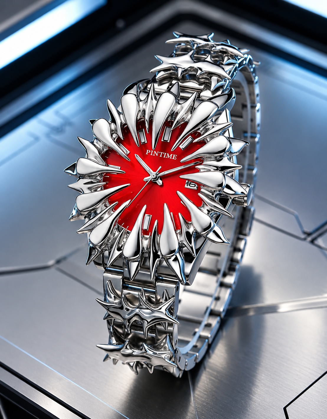 Silver-Tone Sunburst Bracelet Watch with Coral-Orange Dial
