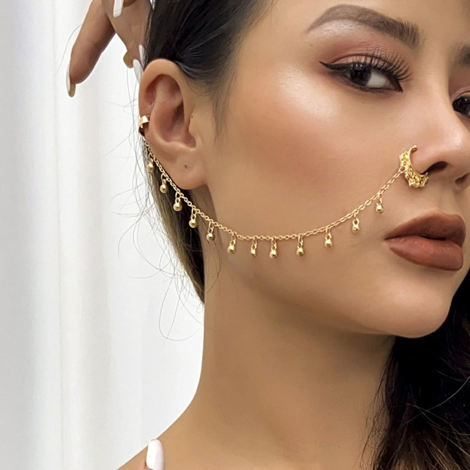 Kiskick Stud-style Nose Ring Nose Chain Jewelry Ethnic Style Star Leaf Faux Pearl Tassel Chain Nose Jewelry Piercing Stud Earrings Nose Ring Nose Chain