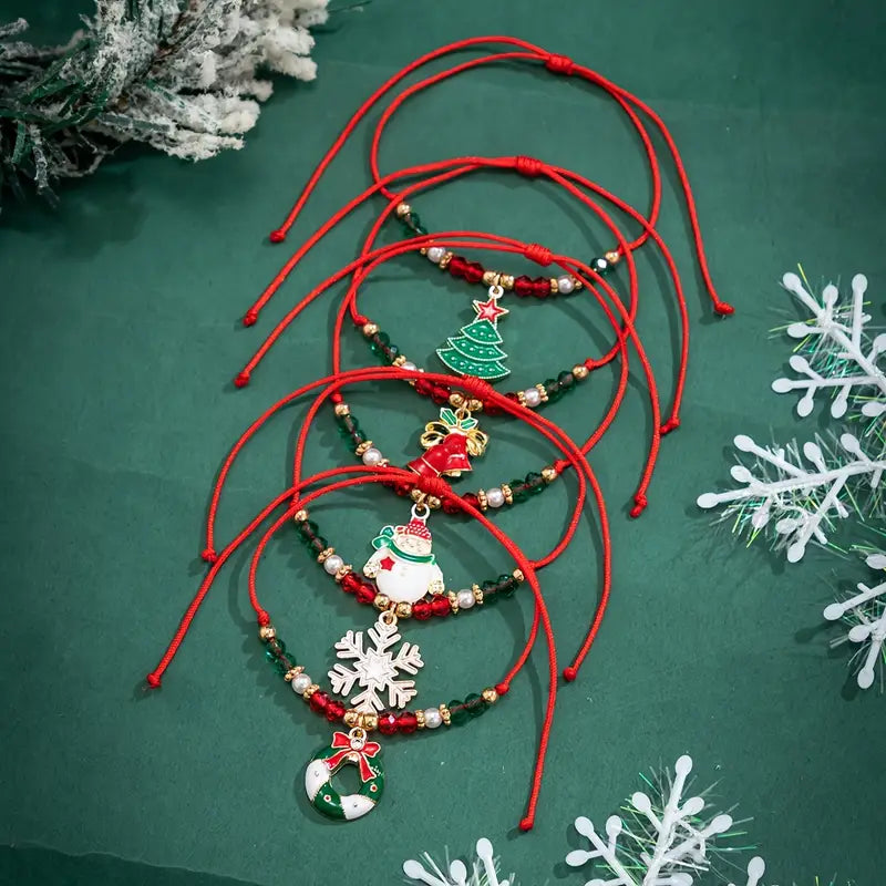 5pcs/Set Christmas Red & Green Glass Beads Bracelet, Handmade With Santa Claus, Snowman, Snowflake Pendant, Festive Jewelry Gift For Women