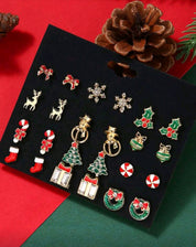 12pairs/Set Christmas Tree, Snowman, Reindeer Ear Studs Earrings Set For Women, Suitable For Christmas Party