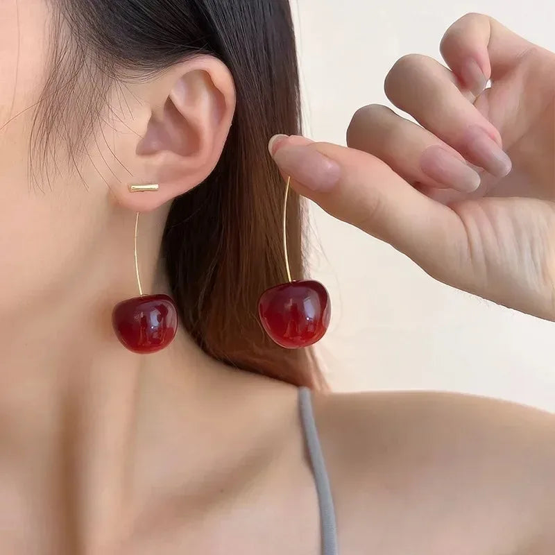 Sweet red cherry earrings for women, stainless steel fruit-shaped drop earrings, charming party jewelry, small and fresh cherry design