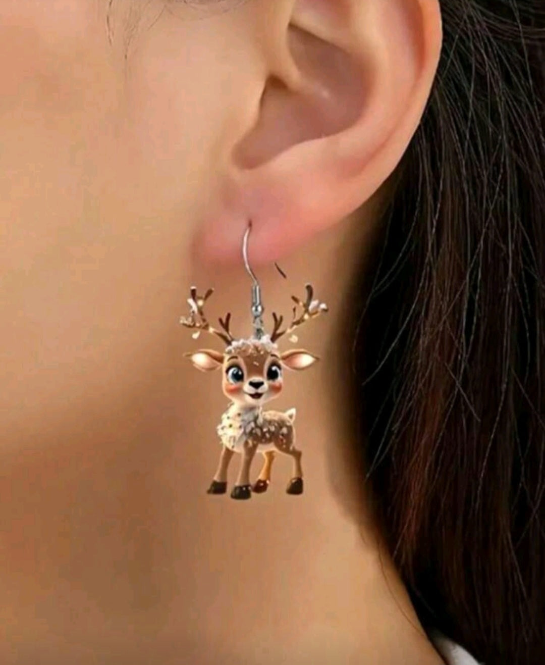 2pcs 2D Cute Christmas Reindeer Acrylic Animal Pendant Earrings, Suitable For Women To Wear On Christmas Holiday Parties