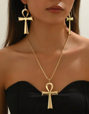 1 Set Fashion Minimalist Creative Ancient Egypt Ankh Cross Pendant Necklace & Earrings, Suitable For Women's Daily Wear