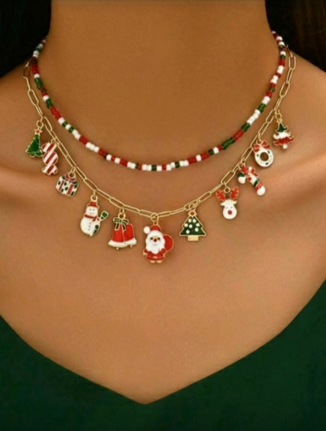 2pcs/Set Christmas Funky Jewelry Santa Claus, Snowman, Reindeer, Christmas Tree, Bell, Candy Gift Pendant Necklace Combo, Suitable For Women Holiday Wear And As Elegant Christmas Gift For Family And Friends