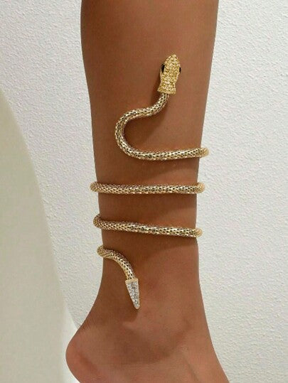 Snake Pattern Omura Punk Anklet for Women – Shiny Gold Color, Metal Anklet with Black Stone, Unique Design, Hip Hop Rock Party Jewelry