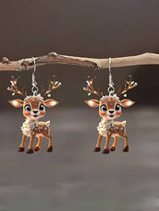 2pcs 2D Cute Christmas Reindeer Acrylic Animal Pendant Earrings, Suitable For Women To Wear On Christmas Holiday Parties