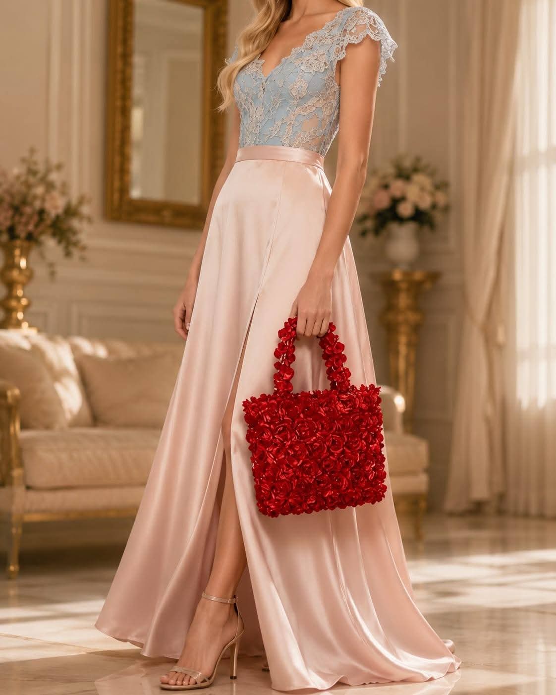Elegant 3D Red Rose Floral Top-Handle Tote Bag