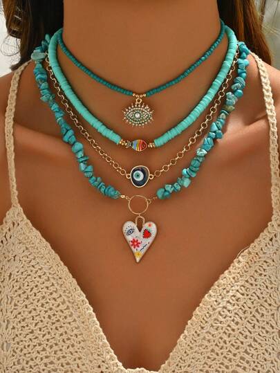 SHEIN 4pcs/Set Turquoise Ceramic Bead Choker Necklace
