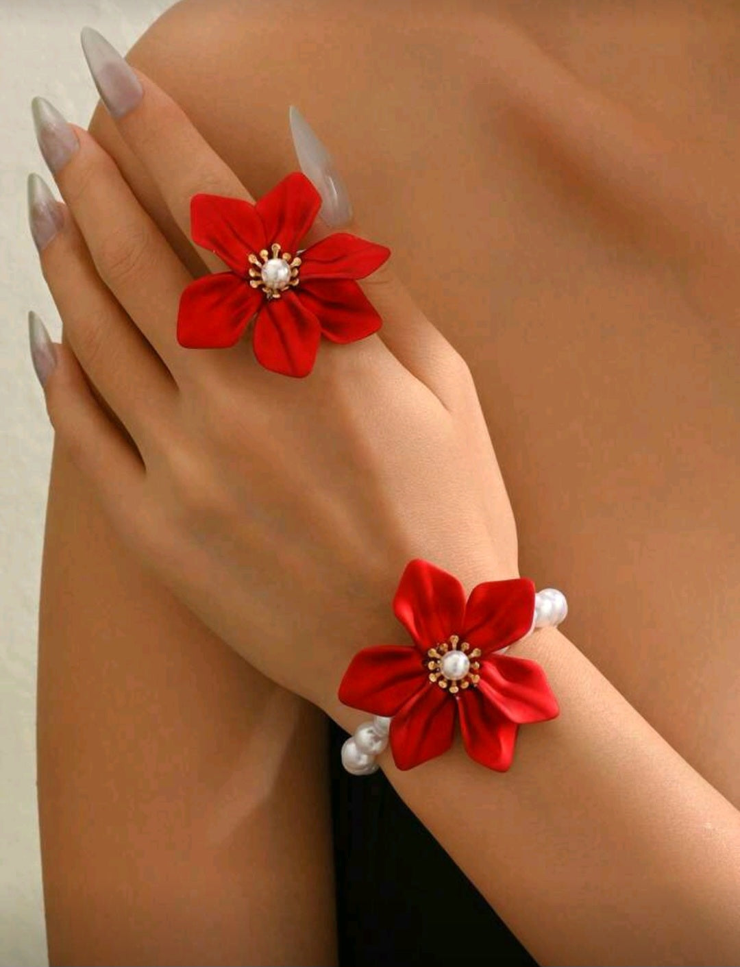 2pcs Elegant & Charming Bracelet + Ring Jewelry Set For Women, French Romantic Palace Style, Faux Pearl, 3D Red Woven Acrylic Flower Creative Design, Daily, Party, Luxury, High-End Gift Jewelry