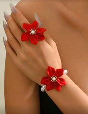 2pcs Elegant & Charming Bracelet + Ring Jewelry Set For Women, French Romantic Palace Style, Faux Pearl, 3D Red Woven Acrylic Flower Creative Design, Daily, Party, Luxury, High-End Gift Jewelry