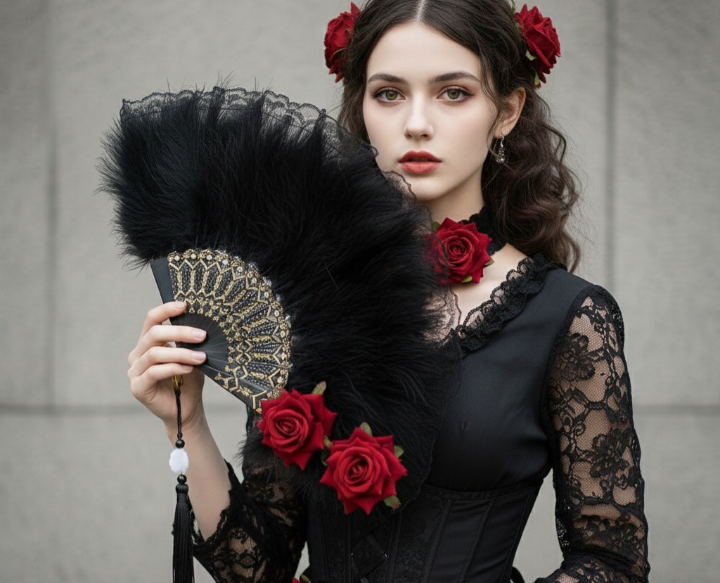 Flamingo Red Rose Hand Fan – Elegant Romantic Women's Fan