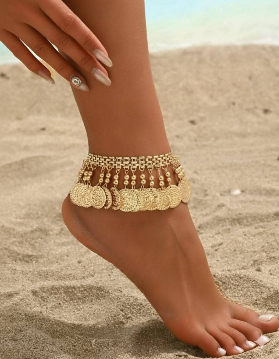 1pc Bohemian Style Exaggerated Beaded Vintage Coin Anklet For Women, Suitable For Beach Holiday Wear