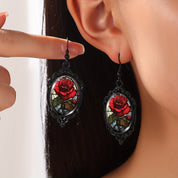 Women's Black Drop Earrings with Red Rose Flower