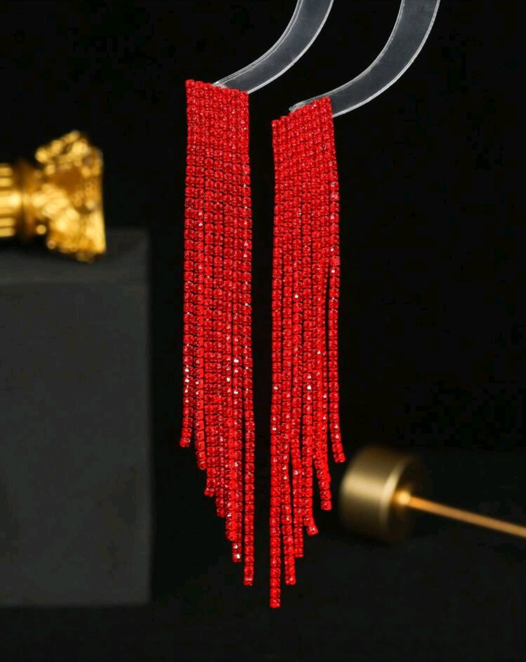 Black and Red Concert Chandelier Earrings with Rhinestone Sparkle, Long Tassel Dangle Earrings for Wedding Jewelry for Women