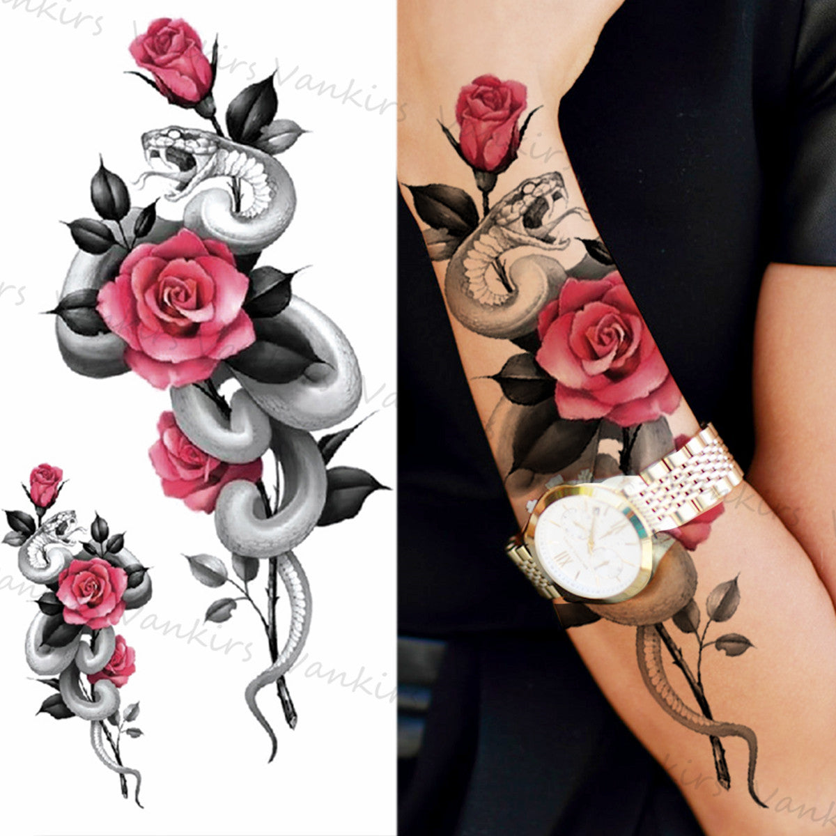 Tattoo Sticker, 1pc Flower & Snake Pattern Disposable Tattoo for Women, Rose Flower Adult Tattoo Decals, Realistic Fake Tattoo for Women and Girls