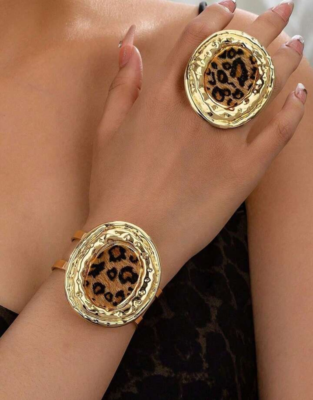 1 Set Animal Leopard Print Metal Cuff Bracelet & Personality Ring Set, Autumn Winter Leopard Jewelry for Women