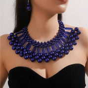 1 Set of Two-Layer Imitation Pearl Jewelry, Blue Necklace and Earrings Set for Party"