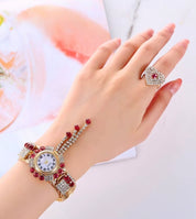 CdyBox Women’s Quartz Watch and Ring Set – Alloy Steel Tassel Bracelet, Fashionable Ladies Bangle Wristwatch with Matching Ring