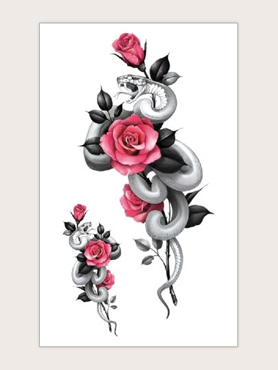 Tattoo Sticker, 1pc Flower & Snake Pattern Disposable Tattoo for Women, Rose Flower Adult Tattoo Decals, Realistic Fake Tattoo for Women and Girls