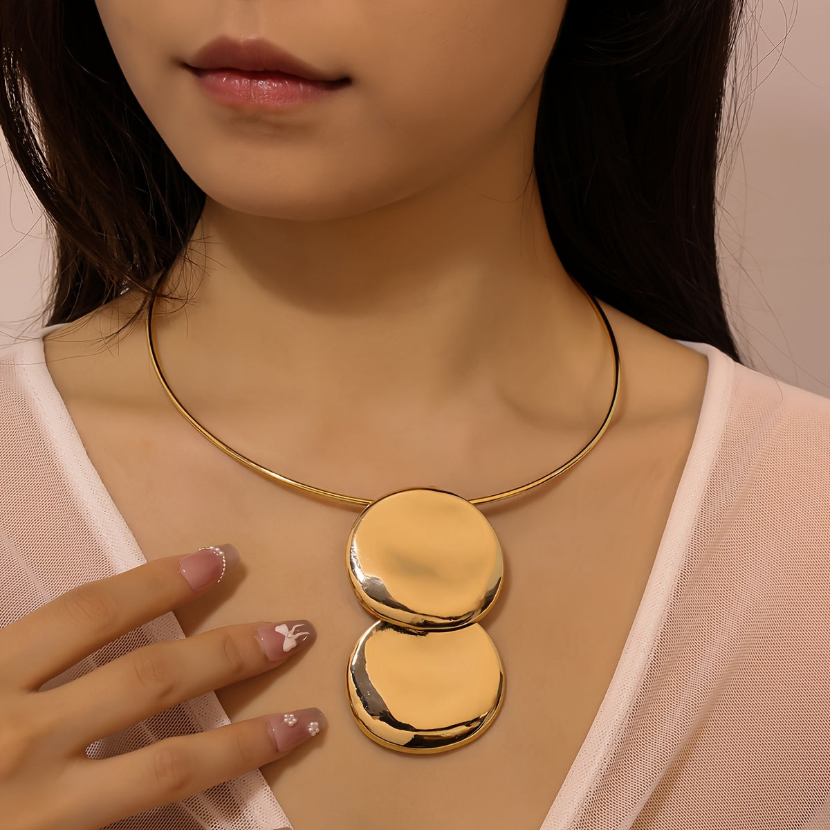 Gold Plated Statement Choker Necklace with Double Round Pendant for Women