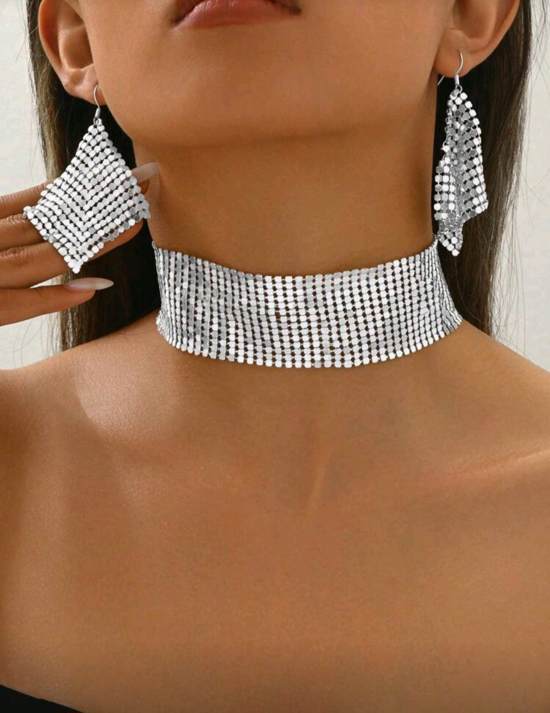 3pcs Metallic Sequin Punk Style Party Outfit, Suitable For Party And Street Wear