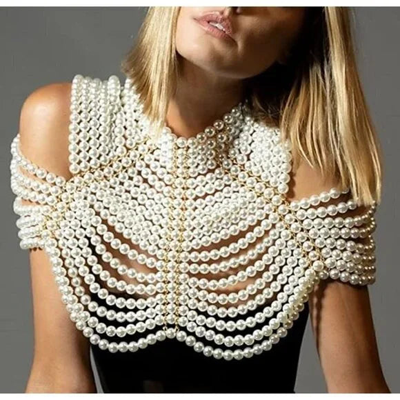 1pc Elegant Bohemian Handcrafted Multi-Layer Beaded Faux Pearl Body Chain - Ideal For Brides And Party Wear