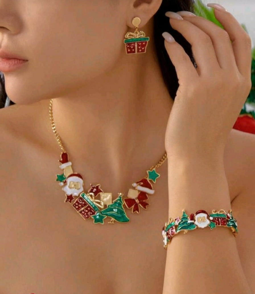 Women’s Christmas Jewelry Set with Santa & Tree Ornaments – Festive Gold Necklace, Earrings & Bracelet Set for Holiday Parties & Christmas Gifts
